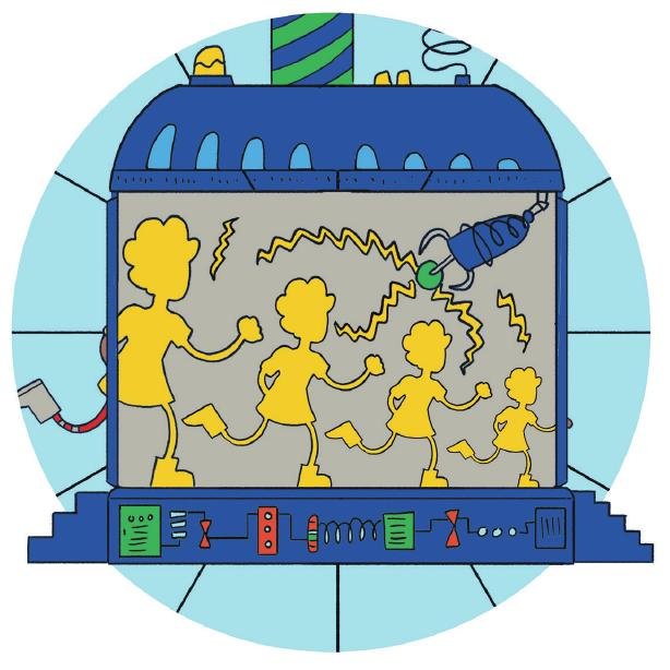 Inside the machine, the girl’s silhouette shrinks in four stages.