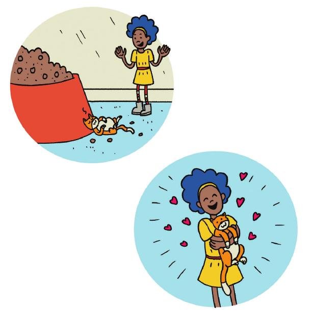 The tiny cat beside a giant food bowl, and the girl hugging the cat.