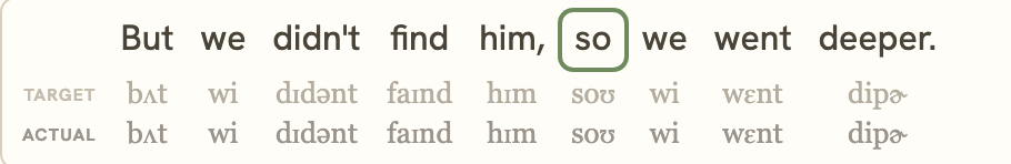 Words with target and produced IPA beneath them