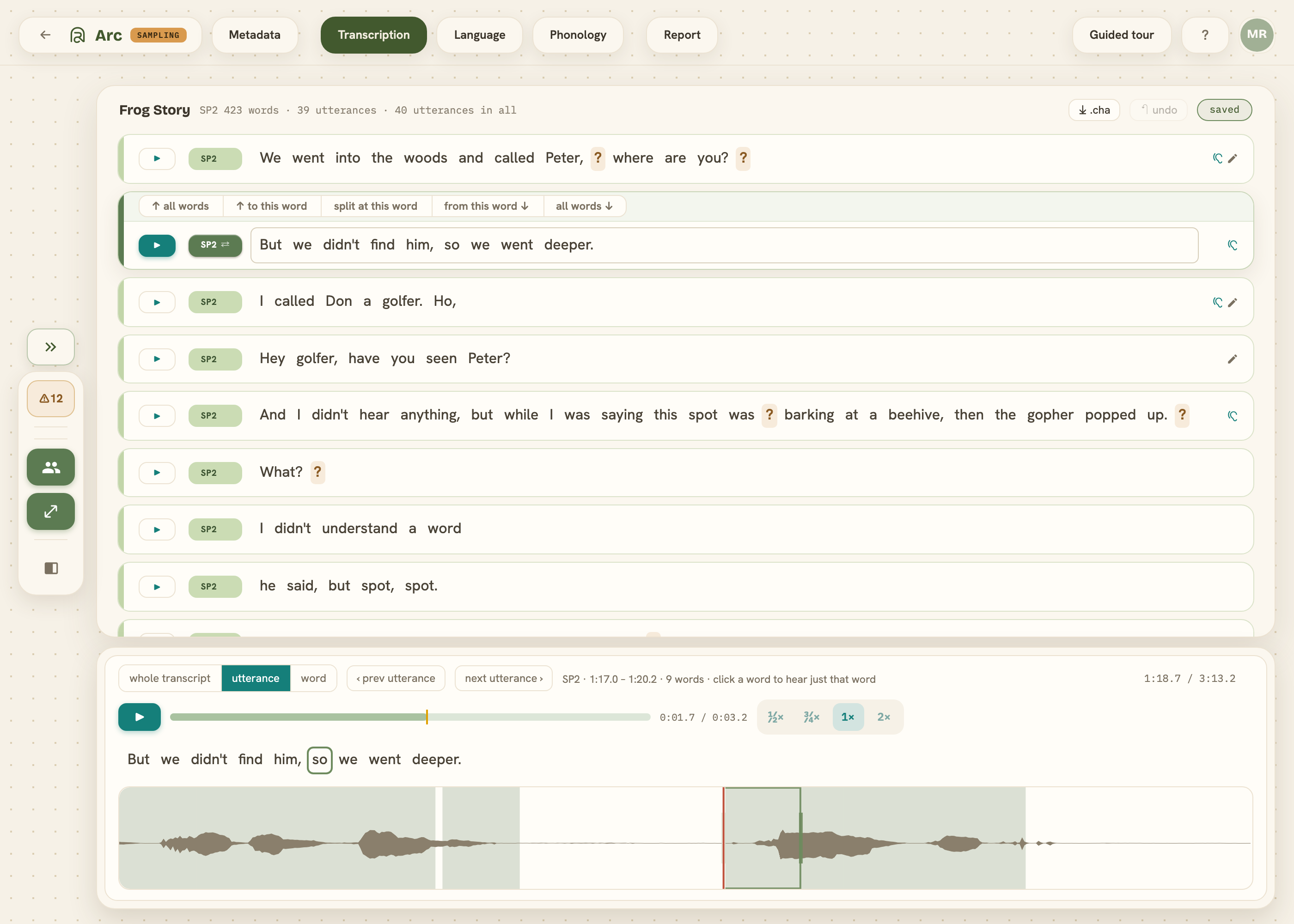 Frog Story transcript with the review panel below