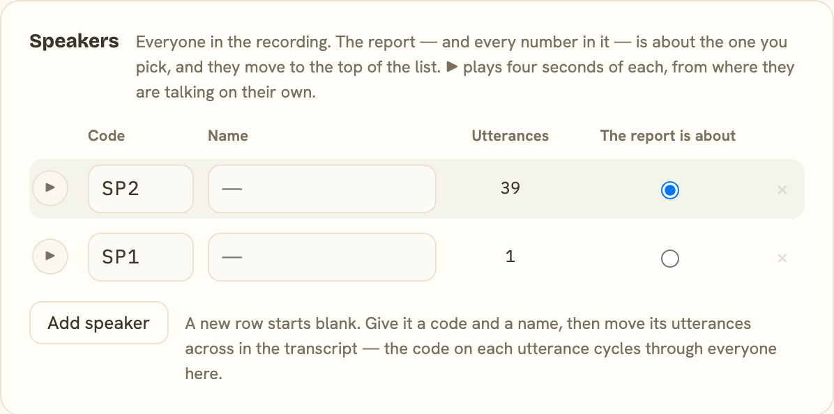 Speaker list with audio previews and analysis-subject selection