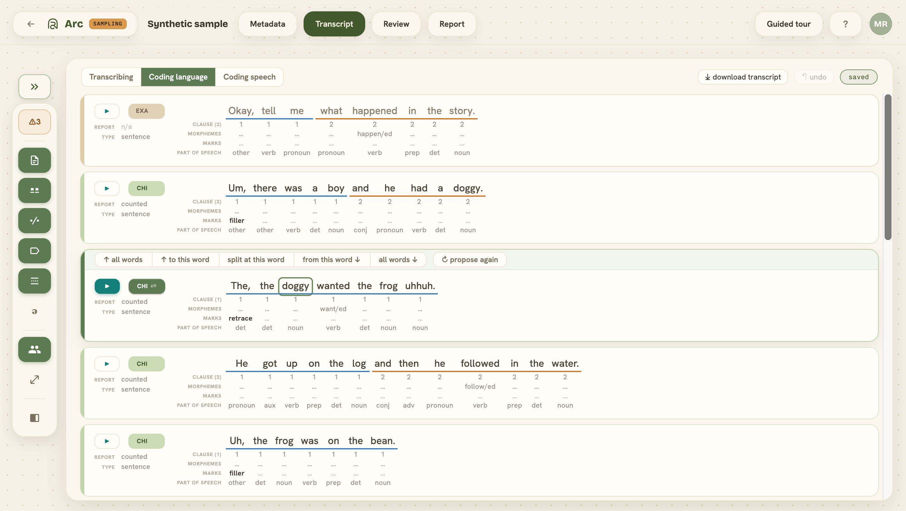 Transcript showing editable clause assignments, morpheme splits, and utterance labels