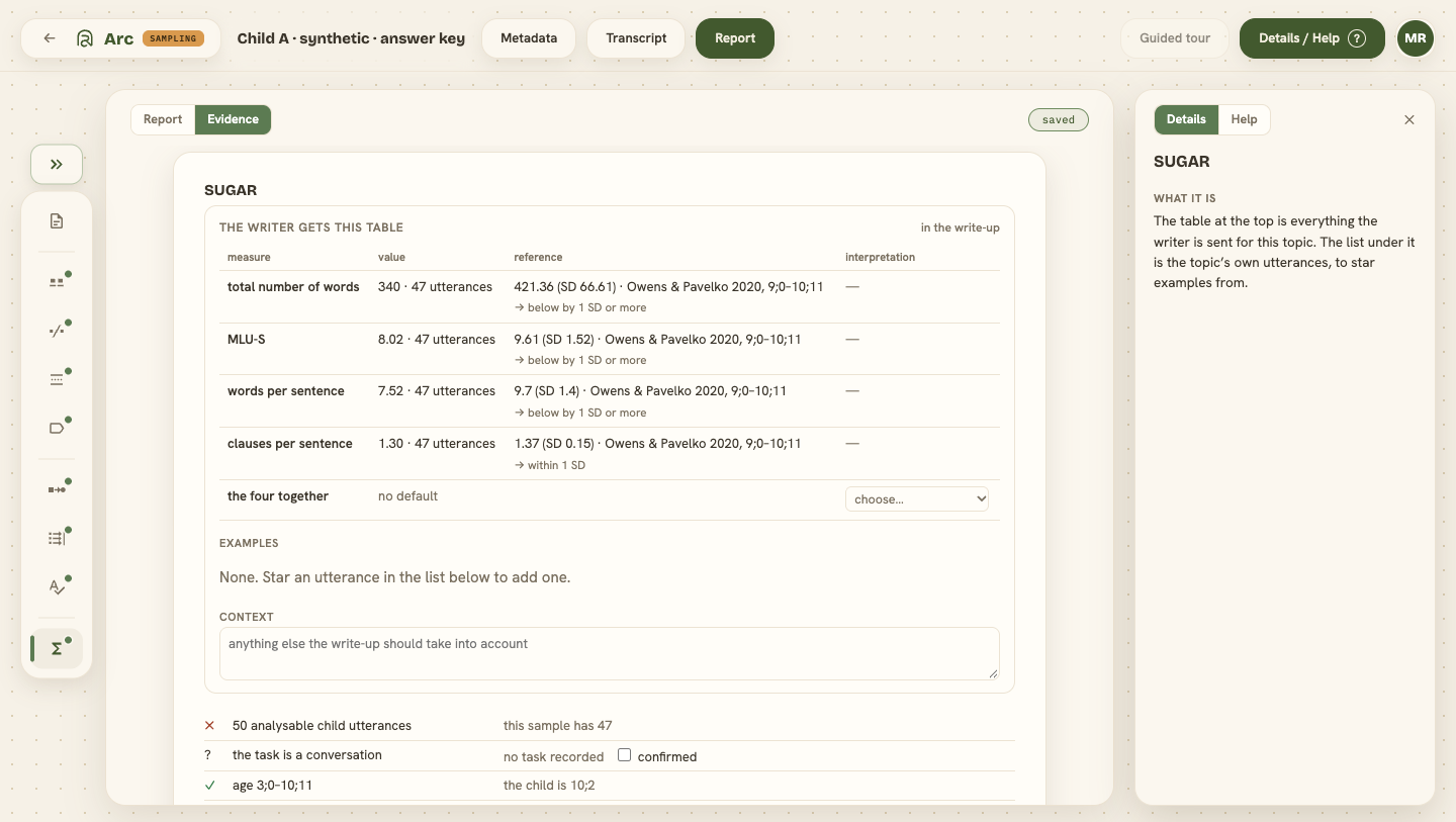The Evidence tab&rsquo;s SUGAR topic, listing each measure with its reference value, source, and comparison