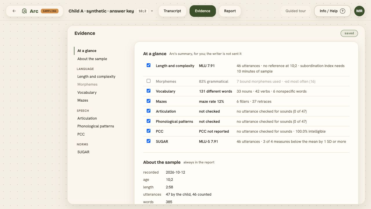 Evidence page showing the three sample tabs, a contents list, and At a glance rows with Morphemes left out of the report